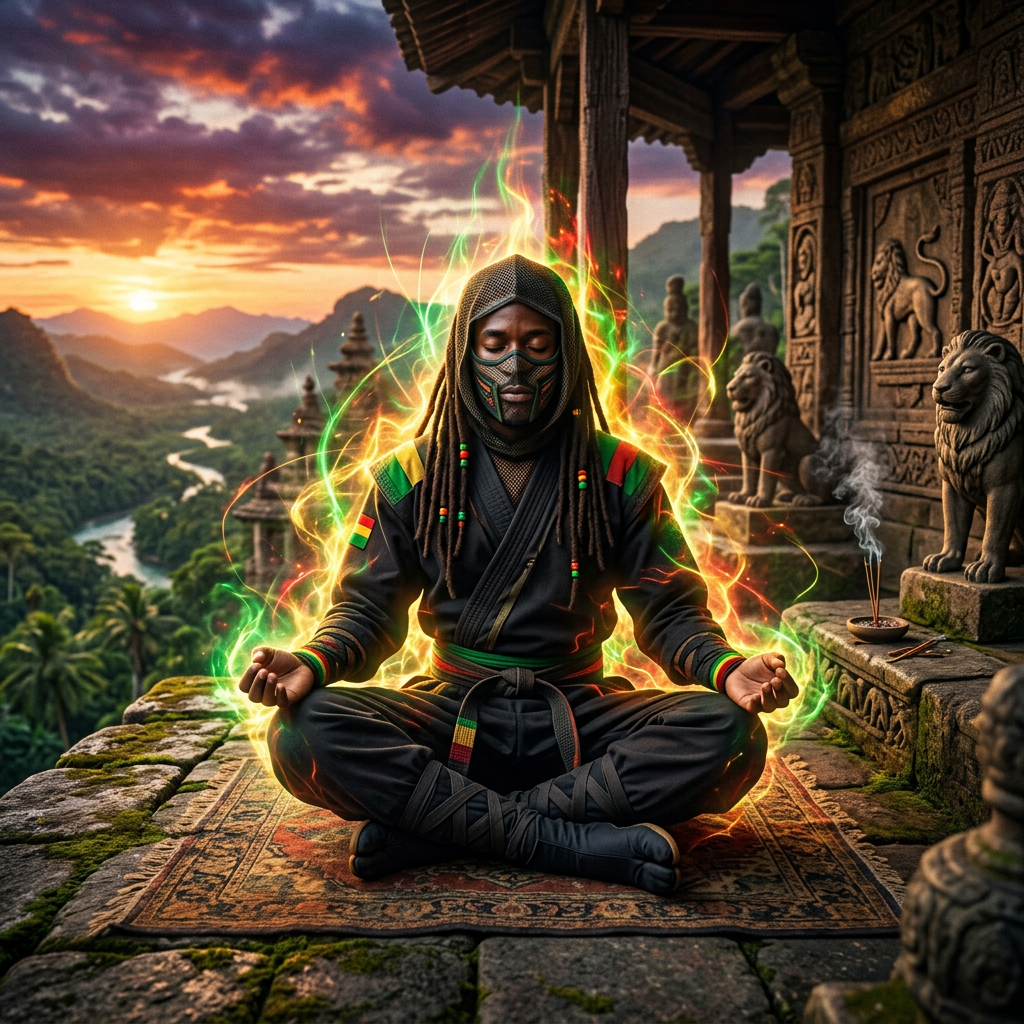 Meditative warrior in black robe with mask sitting cross-legged on a patterned mat with glowing green and yellow light aura and incense burning nearby