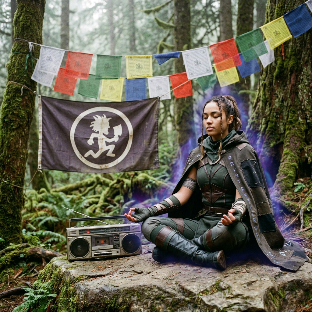 Person meditating cross-legged on rock in forest with prayer flags and a banner