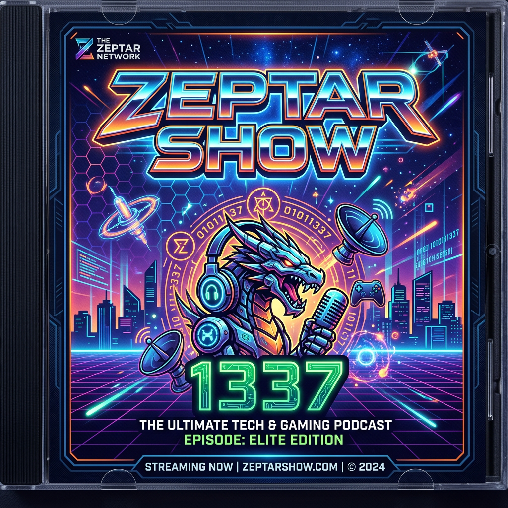 Podcast cover showcasing a dragon with headphones holding a microphone surrounded by satellite dishes, binary code, and futuristic cityscape