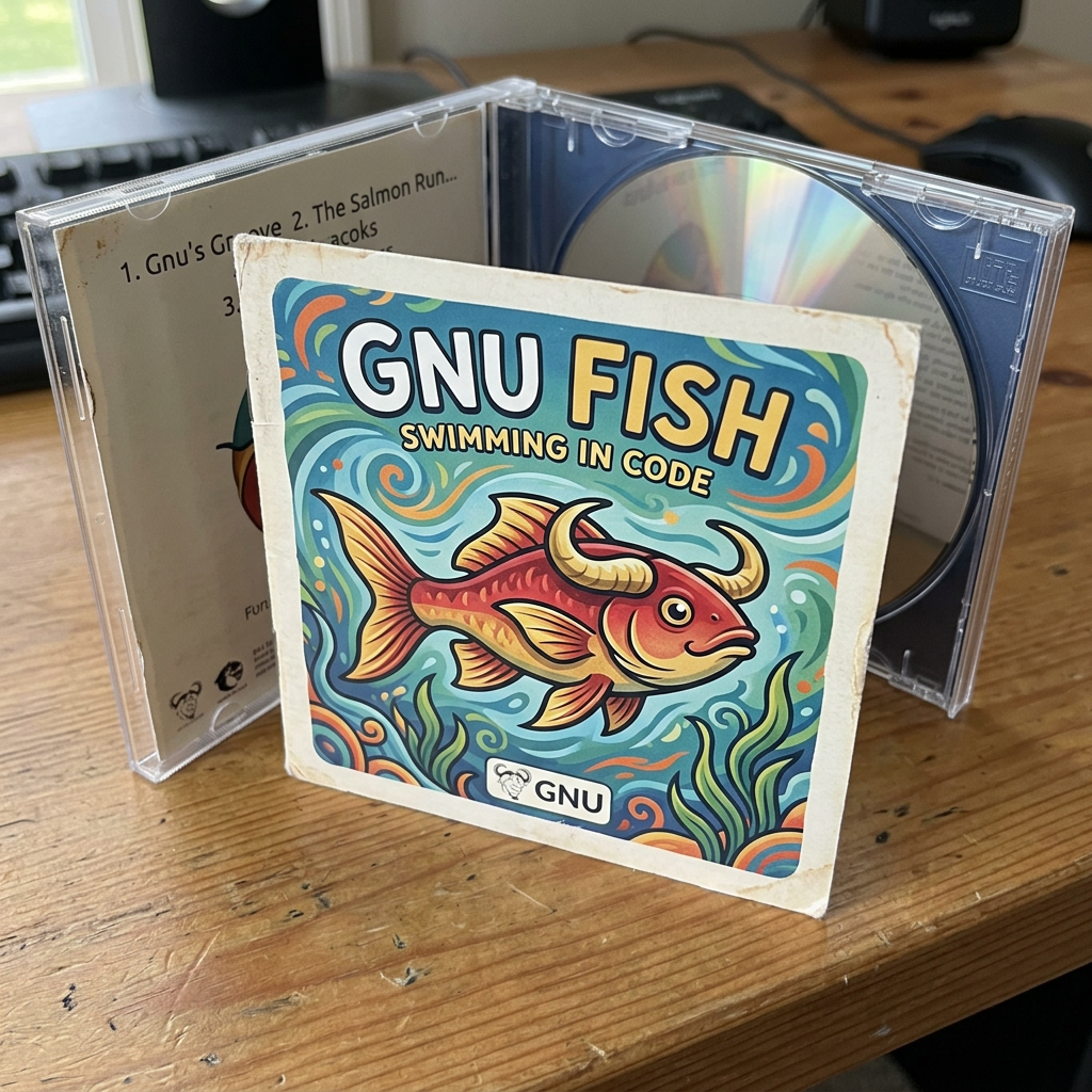 CD case with an illustrated fish and text 'GNU FISH SWIMMING IN CODE'