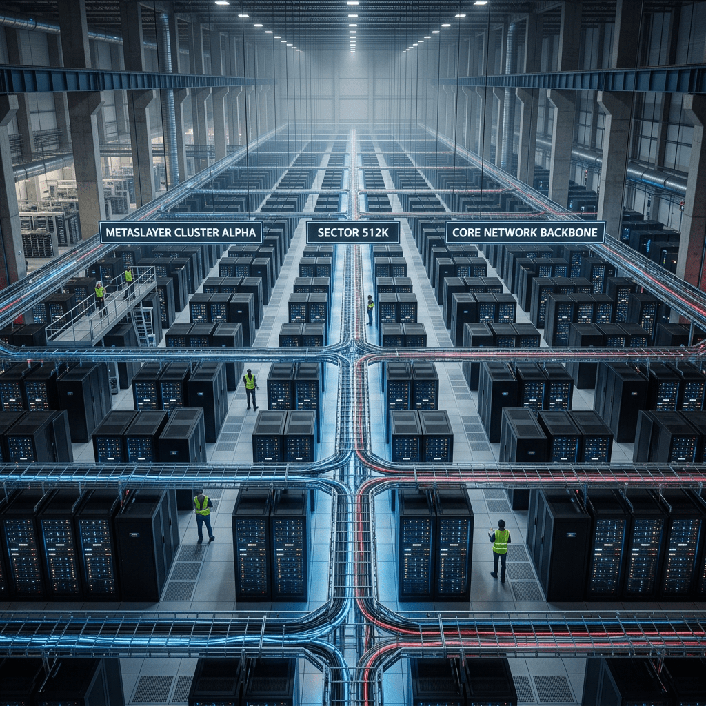 Large data center with multiple server racks arranged in rows and labeled sections Metropolitan Cluster Alpha, Sector 512K, Core Network Backbone
