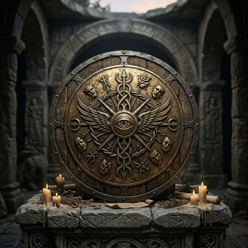 Round wooden shield with a bronze central medallion featuring an eye with wings, surrounded by mystical symbols and masks