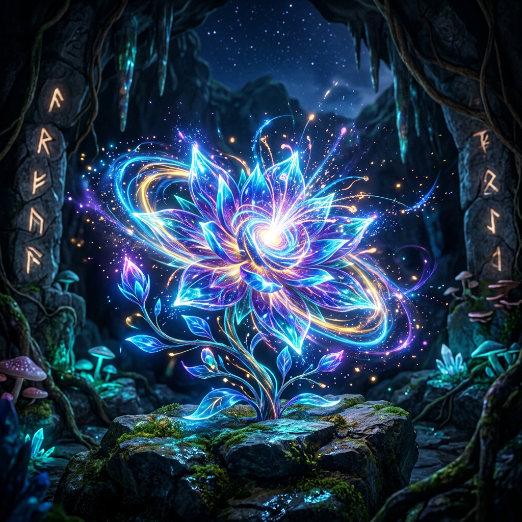 Glowing blue and purple magical flower with swirling light patterns inside a dark cave with runes