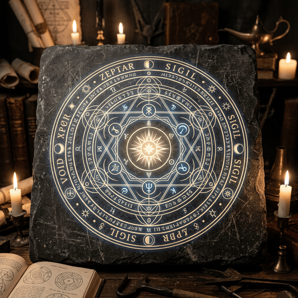 Glowing circular magic sigil engraved on a black stone tablet surrounded by lit candles and mystical objects