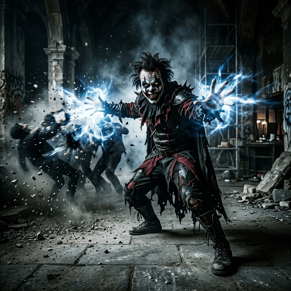 Clown-like villain projecting blue supernatural energy at figures in a ruined building