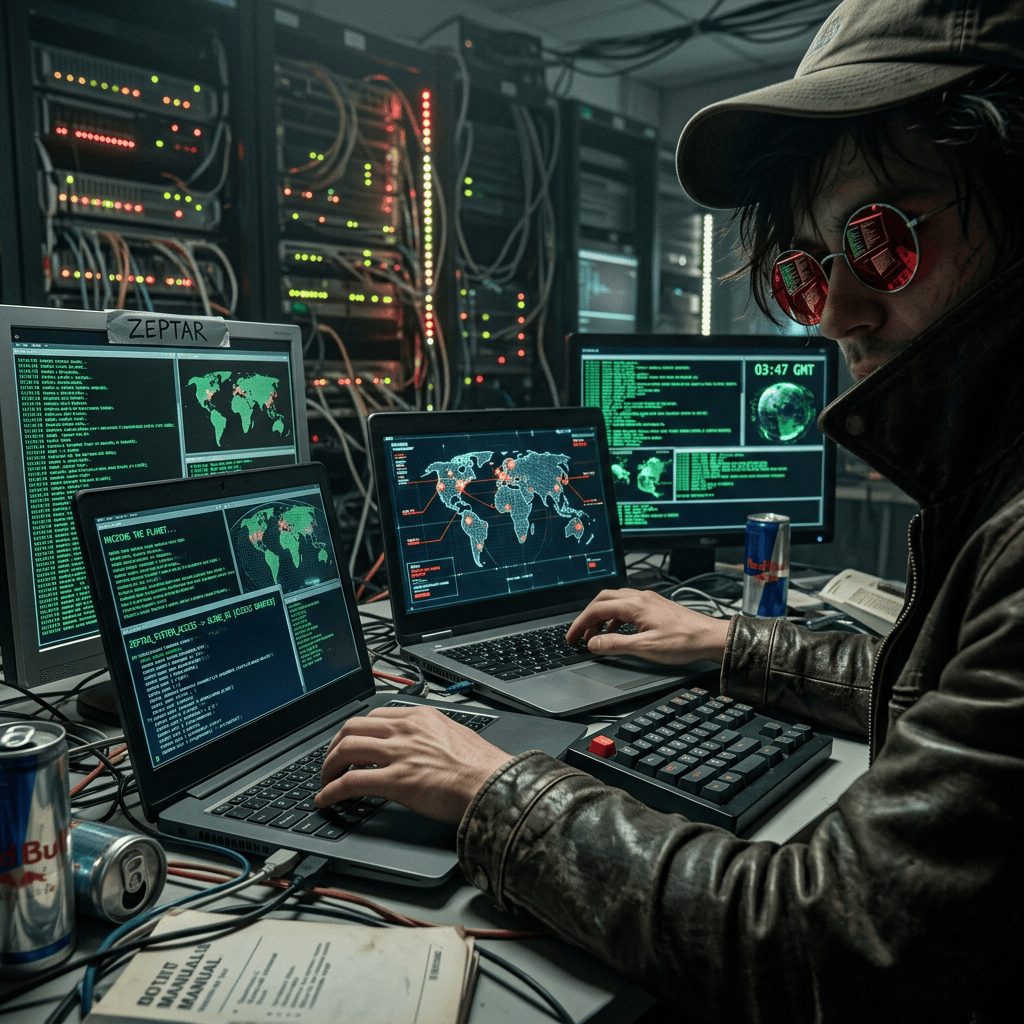 Operator monitoring global network maps and server activity across multiple computers