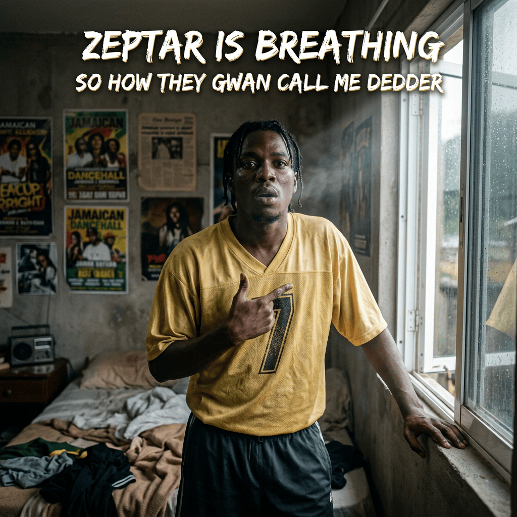 Man gesturing beside window; text reads “ZEPTAR IS BREATHING” and “SO HOW THEY GWAN CALL ME DEDDER”