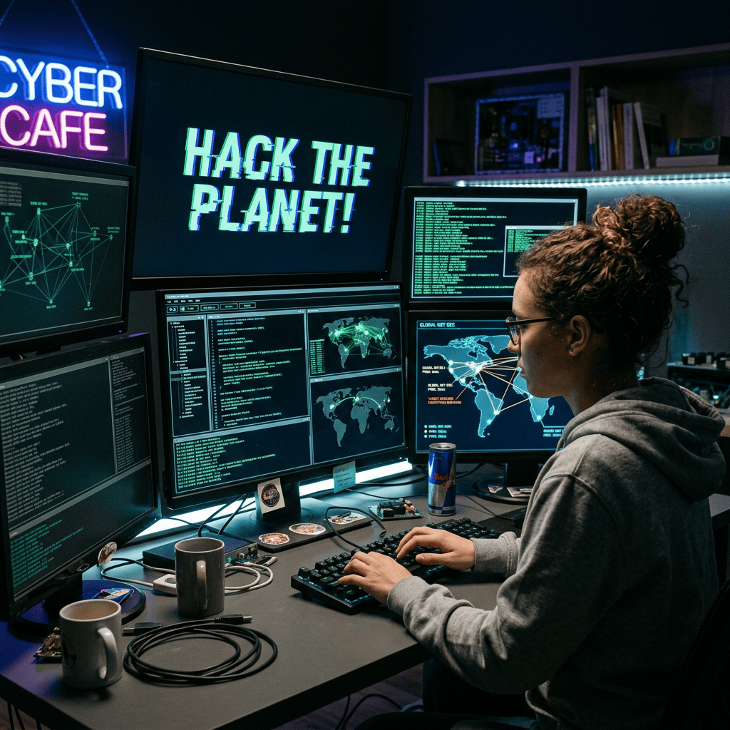 Person coding at multiple monitors beneath text reading “HACK THE PLANET!”