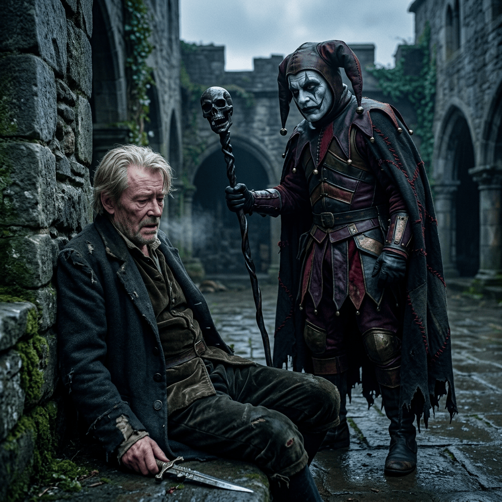 Weary swordsman seated beside a wall faces a masked jester holding a skull-topped staff