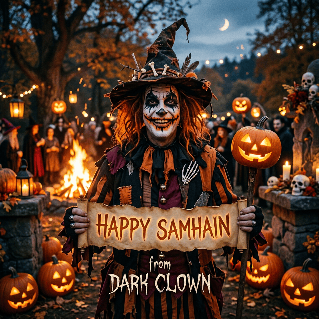 Dark clown holds a “HAPPY SAMHAIN from DARK CLOWN” sign